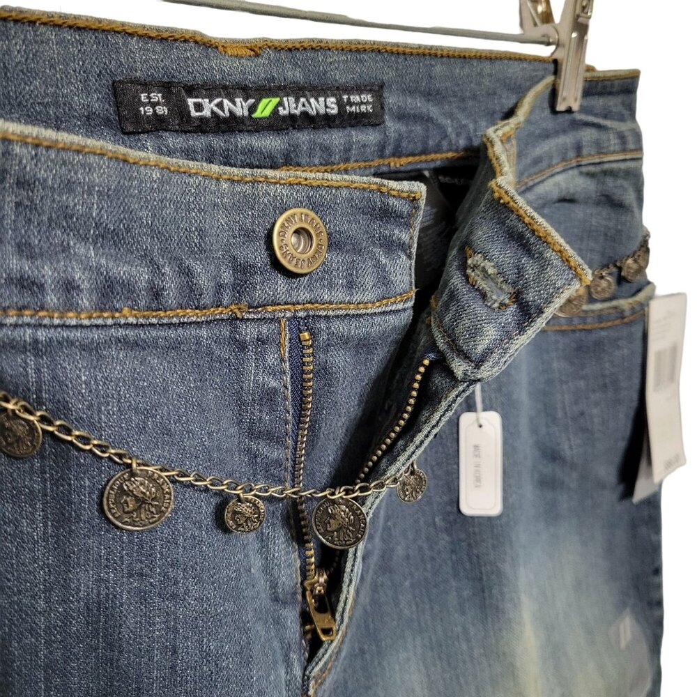 DKNY NWT Size 12 Jeans Denim Gold Glitter So Low Lita Chain Belt Boot Distressed - Picture 14 of 16
